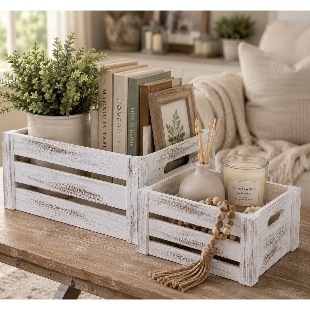 Farmhouse Wooden Crate Set | Whitewashed Nesting Storage Boxes Set of 2 - Picture 2 of 15